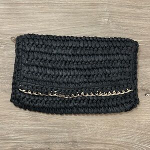 H&M black woven straw clutch with gold details NWOT